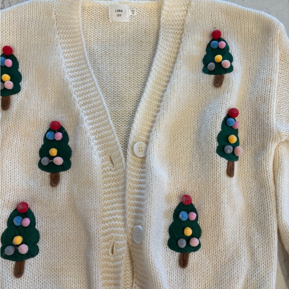Luka Ivy Cream Cardigan with Festive Tree Accents - Picture 1 of 7